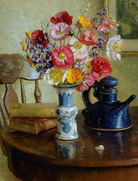 Poppies with Blue Teapot