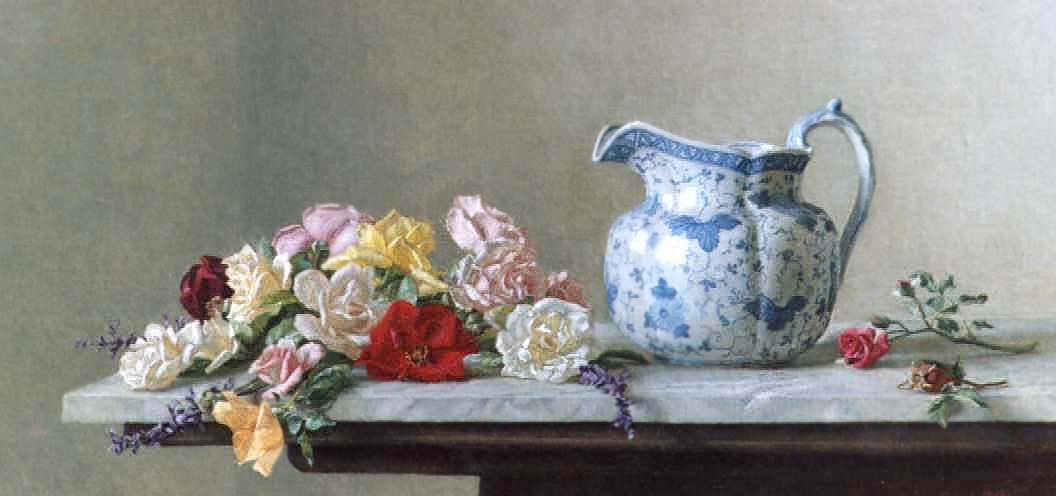 Roses with Blue & White Pitcher