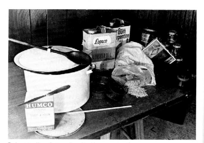 Maroger medium supplies — enameled pot, linseed oil, gum turpentine, mastic crystals, and tools laid out on a table